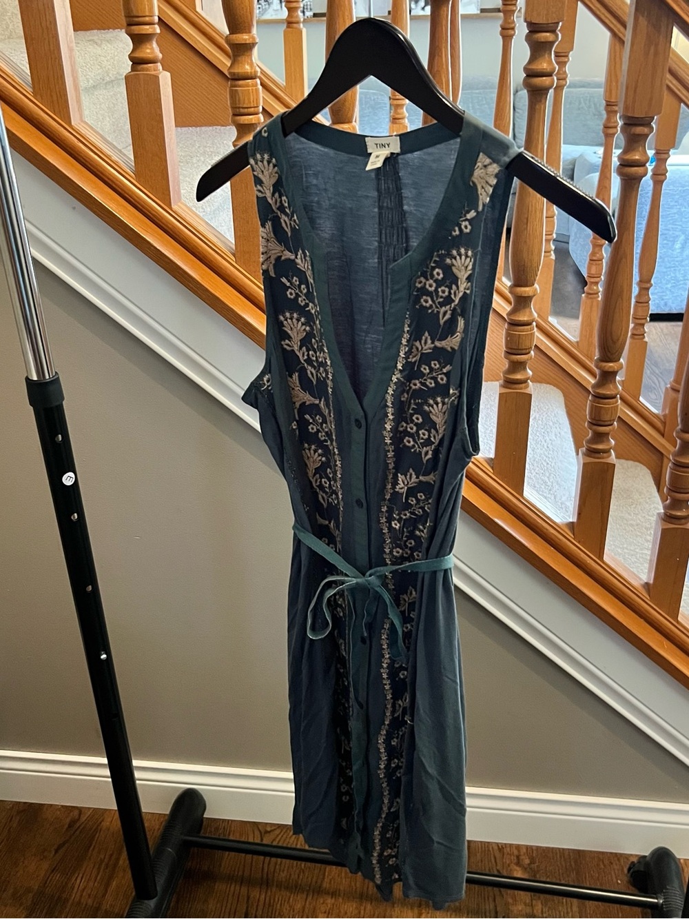 Tiny Embroidered Slate Blue Sleeveless Button Dress